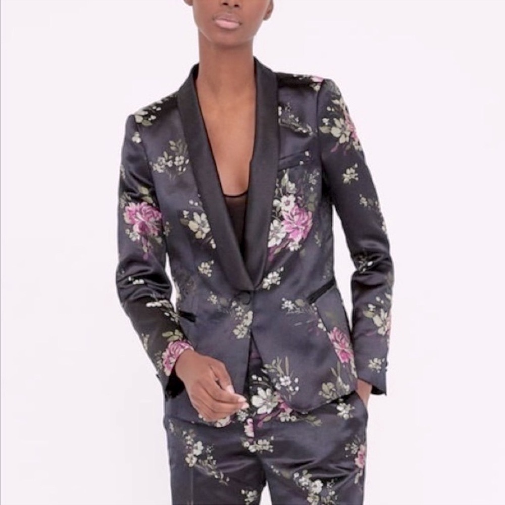 Zara Floral Print Satin Blazer Black/Pink Size XL NEW - Picture 5 of 6
